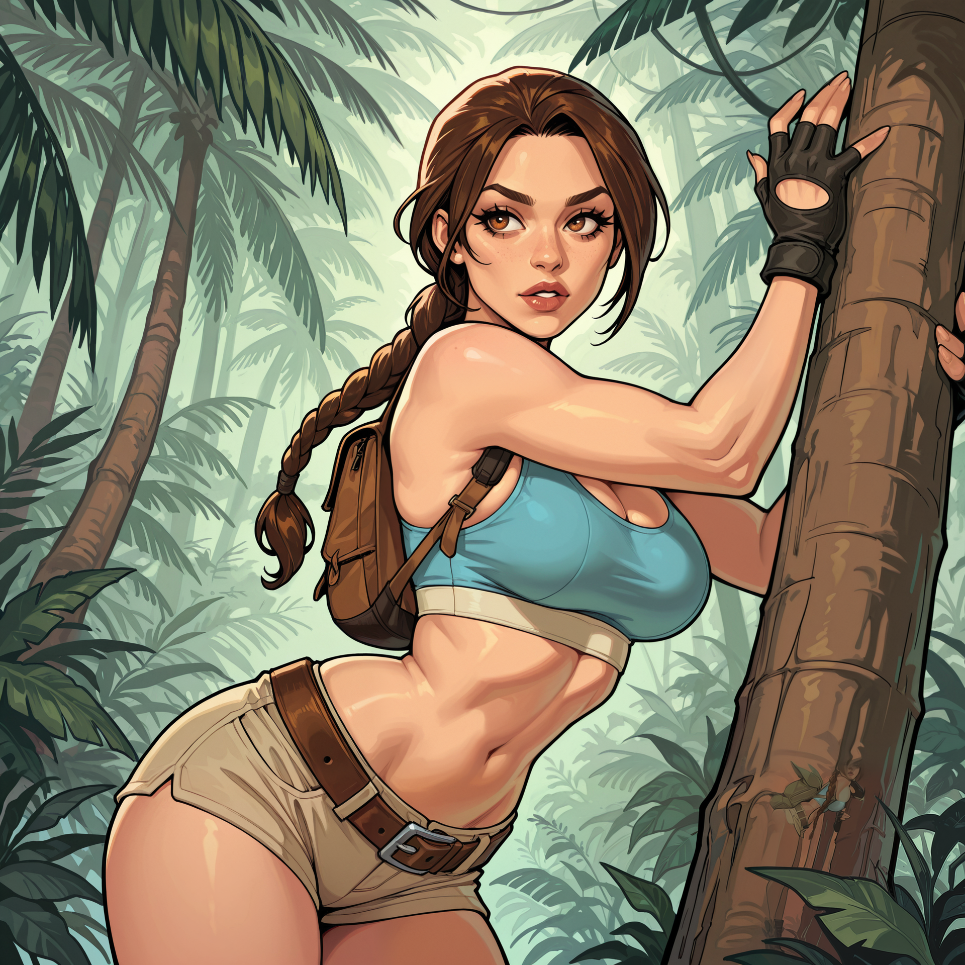 2d, concept art,

masterpiece, best quality, amazing quality, highres,

BREAK

eye contact:1.15, facing viewer:1.25, cowboy shot, 

pinup pose, back leaning against jungle tree, dynamic shot, dynamic angle, sexy poses, {front angle|side angle|back side angle}

BREAK

perfect character, perfect hands, perfect fingers, detailed character, detailed face, detailed eyes, detailed eyelashes, detailed lips, 

1girl, ((solo)), lara croft, caucasian girl, brown hair, braided ponytail, ((long parted bangs)), brown eyes, long eyelashes, 

fit body, medium breasts, almond shaped eyes, long eyelashes, small narrow waist, wide hips, skindentation, 

BREAK 

light blue sports bra, beige cargo shorts, short shorts, brown leather belt, black fingerless gloves, mini brown leather backpack, 

BREAK 

detailed background, detailed scenery, outdoors, tropical jungle,