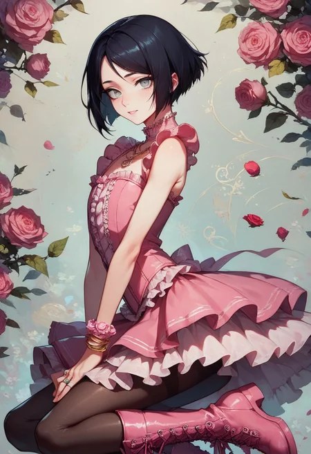 score_9, score_8_up, score_7_up, 1boy, femboy, otoko no ko, short hair, bob cut hair, black hair, grey eyes, gray eyes, feminine face, toned body, Shelly, pantyhose, ruffles, pink rose, thighhighs, flowers, rose corsage, sleeveless, necklace, jewelry, bracelet, pink dress, rose, ring, pink frilly dress, flower, lace trim, frilled dress, ruffle underskirt, underlayment, pink laced boots, highly detailed, intricate, zzCitronCAT, flirty expression, crawling, arched back, side view, looking at viewer, modelshoot, abstract background, solo