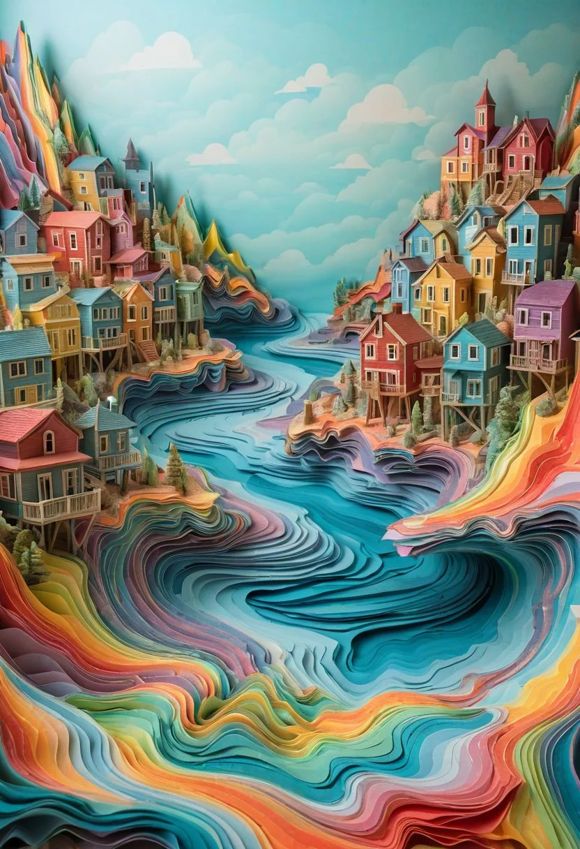 (3d Frame, seascape) ghost town, multi-colored volumetric fog made of crazy marbled paper