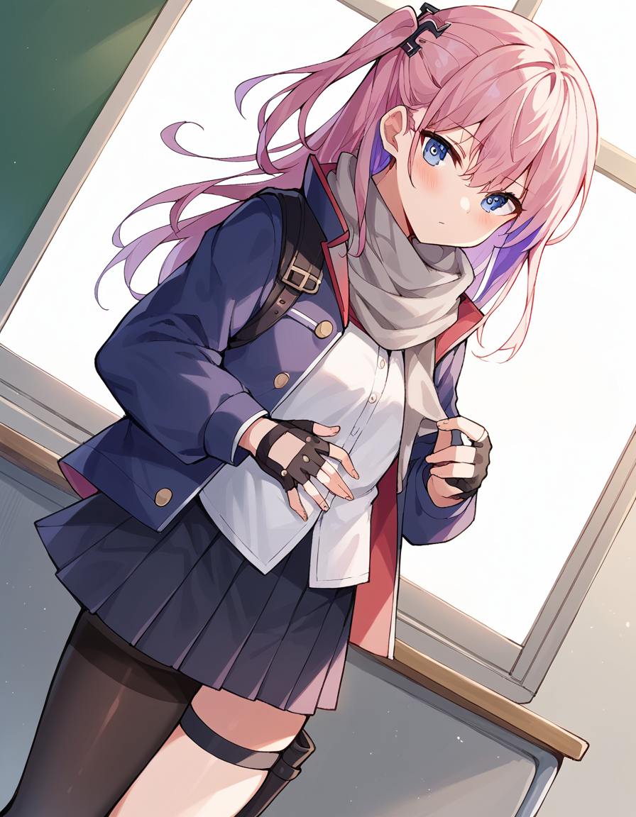 score_9, score_8_up, score_7_up, source_anime, <lora:girlsfrontline-st-ar-15-ponyxl-lora-nochekaiser:1>, st ar-15, blue eyes, hair ornament, long hair, multicolored hair, one side up, streaked hair, pink hair, purple hair,, asymmetrical legwear, black pantyhose, black socks, dress, fingerless gloves, gloves, grey scarf, holster, jacket, pantyhose, scarf, shirt, single leg pantyhose, single thighhigh, strap, thigh holster, thigh strap, thighhighs, uneven legwear, white shirt,, school, classrooms, students, teachers, learning, , hand on stomach, blush,, looking at viewer, solo,, dutch angle, cowboy shot