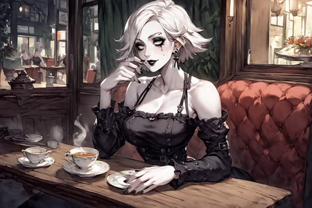 white skin,  <lora:NAHIRI:1> nahiri, 1girl, solo, short hair, breasts, bare shoulders, white hair, colored skin woman in a nice fancy dark dress is having tea in a cafe, cute, tea cups steaming <lora:FF_war_of_the_visions:1> goth girl, gothic cafe, black lipstick and goth makeup, sitting at a table with a booth seating, source_anime, score_9_up,  score_7_up, score_8_up