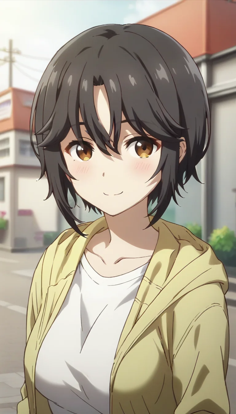 score_9,score_8_up,score_7_up,score_6_up BREAK official art,solo,outdoors,upper body,(portrait:1.5),looking at viewer,facing viewer,smile,blush,Chikuma Tanesato,short hair,black hair,hair between eyes,hair between eyes,parted bangs,brown eyes,collarbone,yellow hoodie,open hoodie,hood down,white shirt,medium breasts,shirt tucked in,jeans,loafers,<lora:Chikuma Tanesato(mtm)-Pony:1.4>,