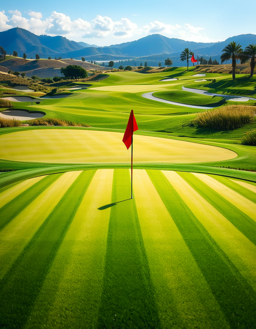 A stunning golf course captured in a high-resolution photograph, bathed in warm sunlight during the golden hour. The vast landscape features lush, perfectly manicured green fairways stretching into the distance, surrounded by rolling hills and scattered sand bunkers with smooth, raked surfaces. A crystal-clear water hazard reflects the sky, adding depth to the scenery. In the foreground, a pristine white golf ball rests on the neatly trimmed grass near a wooden tee marker. A red flag flutters gently atop a flagstick, marking the hole on the undulating green. Tall palm trees or majestic pines line the course, casting long shadows. The background showcases a breathtaking view of distant mountains or a serene blue ocean, enhancing the sense of tranquility and luxury. The sky is a brilliant shade of blue with soft, wispy clouds. The overall composition exudes elegance, precision, and the beauty of nature, capturing the essence of a world-class golf course.
<lora:SDXLFaeTastic2400:0.4> <lora:extremely_detailed:0.4> extremely detailed,<lora:golf_course:1>,golf c0urs3, Masterpiece,best quality,hi res,8k,hi res,8k,award winning,(sharp focus, intricate, highly detailed),