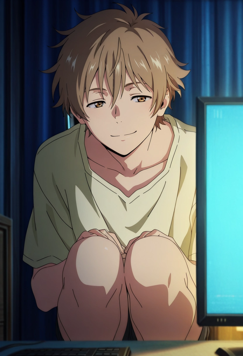 masterpiece, best quality, , anime screencap, anime coloring, official style, , 1boy, solo, male focus, <lora:shun_hashimoto_ilxl:0.9>, shun_hashimoto, brown hair, brown eyes, short hair, upper body, bedroom, computer monitor, light, squatting, seductive smile,