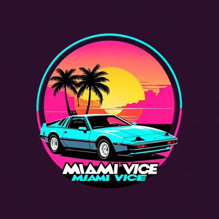 logomkrdsxl, 80s sports car, circular logo, sunset, retro, vector, text "miami vice", <lora:logomkrdsxl:0.8>, best quality, masterpiece,