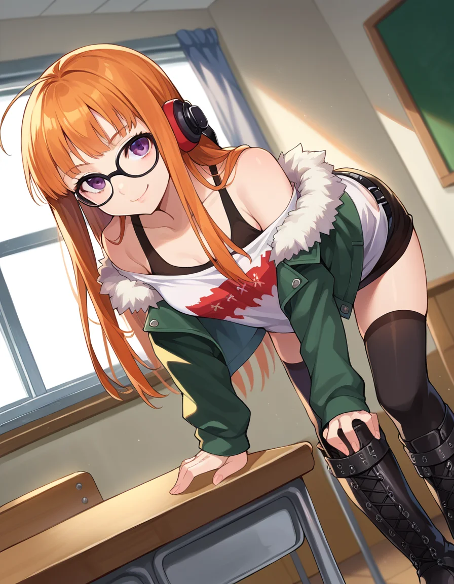 score_9, score_8_up, score_7_up, source_anime,
futabasakura, <lora:futaba-sakura-ponyxl-lora-nochekaiser:1>,
futaba sakura, orange hair, long hair, purple eyes, ahoge,
behind-the-head headphones, glasses, belt boots, black footwear, black thighhighs, cross-laced footwear, fur trim, fur-trimmed jacket, green jacket, headphones, jacket, knee boots, lace-up boots, off shoulder, off-shoulder shirt, shirt, t-shirt, thighhighs, thighhighs under boots,
indoors, classroom, bent over, smile,
looking at viewer, cowboy shot, dutch angle,
