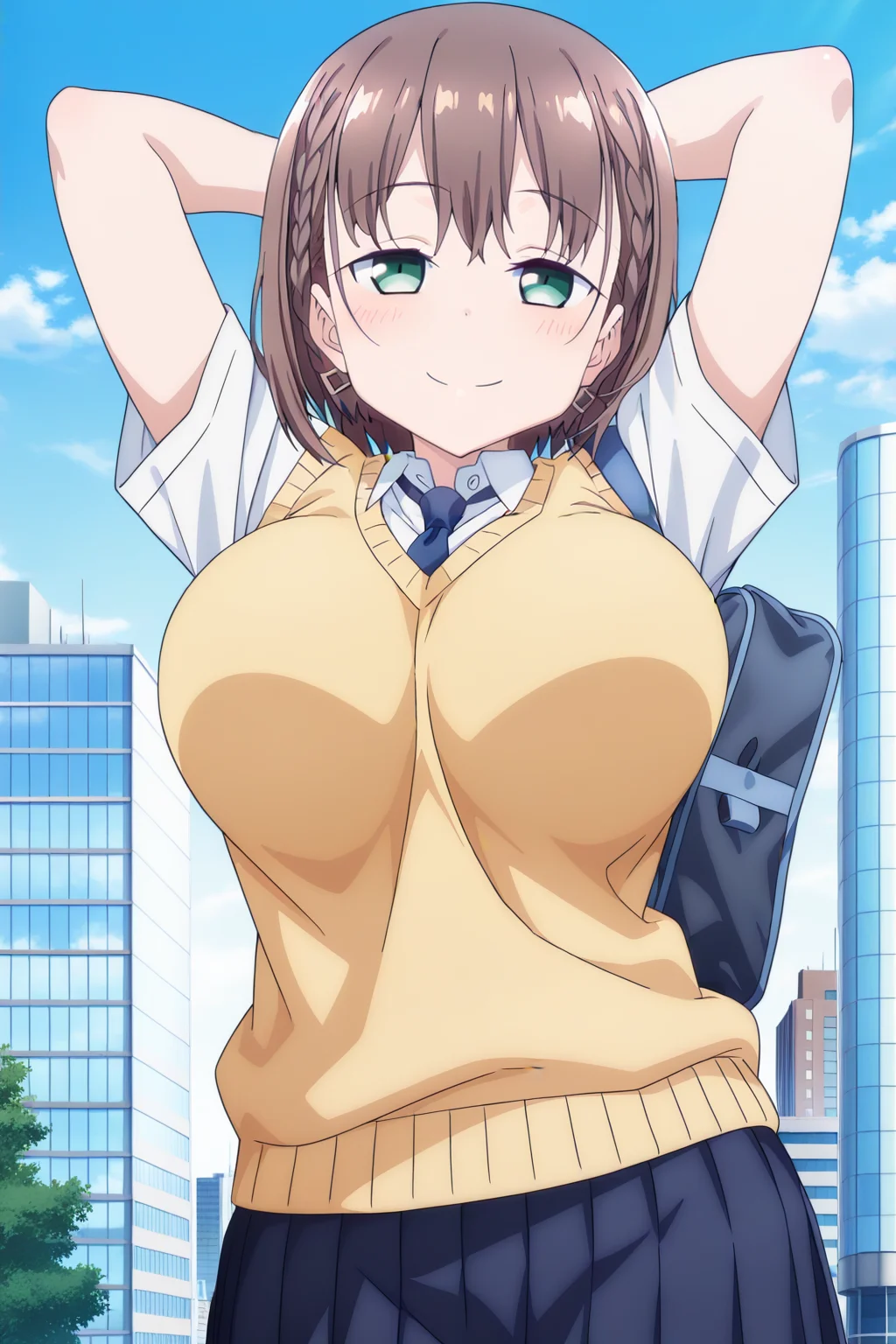 anime screenshot, 1girl, solo, ai-chan (tawawa), brown hair, short hair, braid, hair ornament, aqua eyes, large breasts, school uniform, white shirt, collared shirt, short sleeves, yellow sweater vest, blue necktie, blue skirt, pleated skirt, school bag, looking at viewer, smile, arms up, cowboy shot, outdoors, city blue sky, day, masterpiece, best quality, high quality, highres, absurdres, <lora:ai-chan_tawawa-s1_ILXL:0.9>