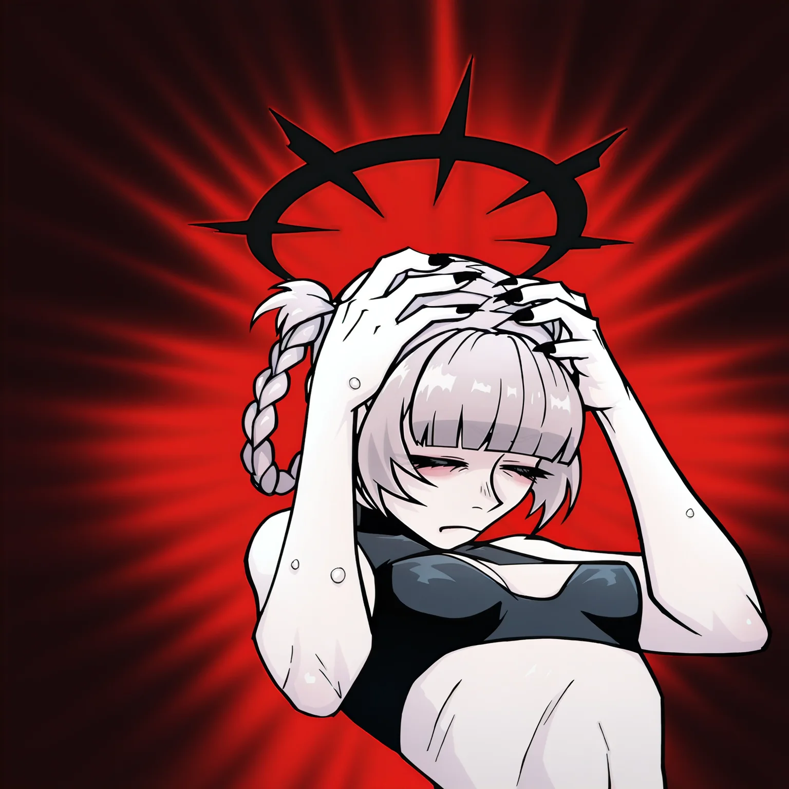 masterpiece, best quality, very aesthetic, absurdres BREAK
affliction, black halo, hands on own head, closed eyes, pain,
1girl, nazuna, pink hair, short hair, blunt bangs, braid, hair rings,
black crop top, black nails,
upper body, solo, red background, black background <lora:AfflictionIllustriousXL_byKonan:1> <lora:NazunaNanakusaIllustriousXL_byKonan:1>