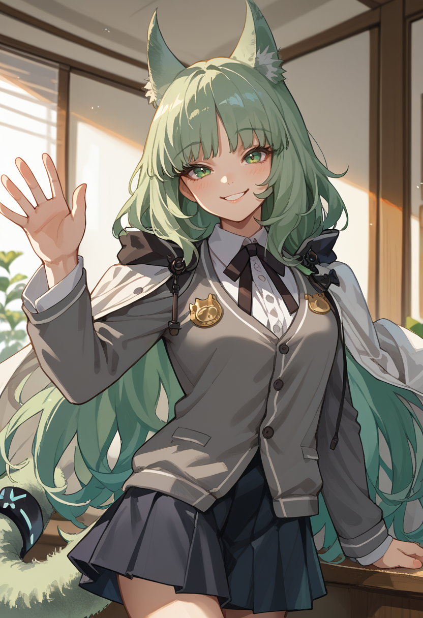 score_9, score_8_up, source_anime, 1girl, solo, HarmonieBase, long hair, cat ears, cat tail, tail ornament, grey blazer, white shirt, black neck ribbon, black skirt, white jacket, jacket on shoulders, indoors, waving at viewer, smile, <lora:ChamHarmoniePonyXL:1>