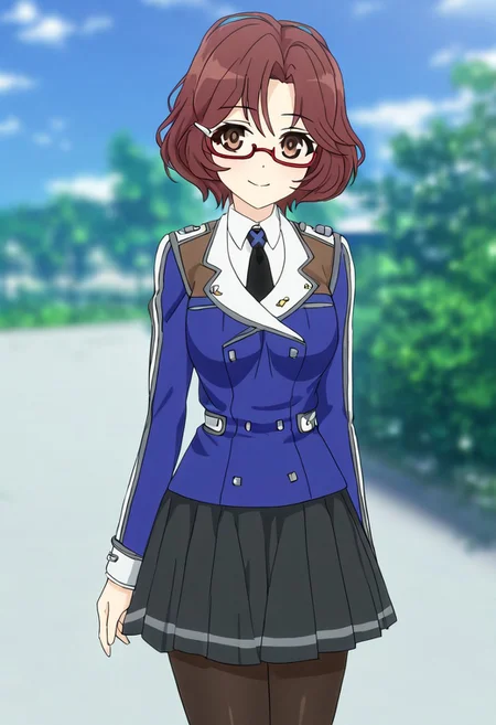 blurred background,
smile,
looking at viewer,
solo,
hundred_-_erica_candle, short_hair, brown_hair, hair_ornament, hairclip, brown_eyes, semi-rimless_eyewear, red-framed_eyewear, medium_breasts,
school_uniform, jacket, long_sleeves, black_necktie, skirt, black_pantyhose,
standing,
masterpiece,best quality,good quality,newest,