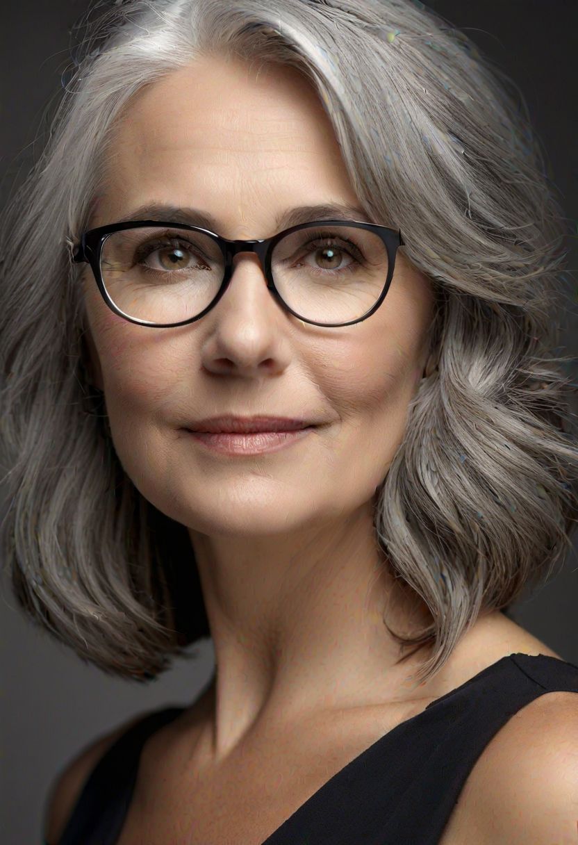 Fixhand, portrait, side shot, profile, 45 year old woman, square face, slightly chubby cheeks, gray hair, ((light gray eyes)), square face, downturned eyes, wide set eyes, glasses, thin lips, ((low cheekbones)), full cheeks,  full eyebrows, low-key