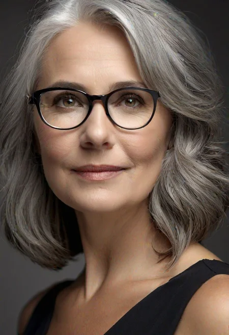 Fixhand, portrait, side shot, profile, 45 year old woman, square face, slightly chubby cheeks, gray hair, ((light gray eyes)), square face, downturned eyes, wide set eyes, glasses, thin lips, ((low cheekbones)), full cheeks, full eyebrows, low-key