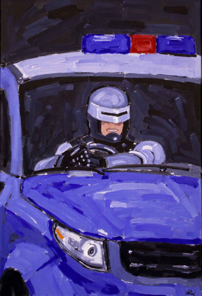 <lora:Thrift_Store_Paintings_FLUX:1>
The image is a vibrant, expressive painting on canvas depicting a scene of Robocop driving a police car