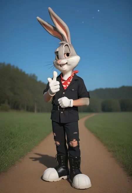 [score_9, score_8_up, score_7_up, score_6_up, score_8],  zPDXL2, source_photo, source_real, real life photo, outside backyard, 1boy + man + anthro + rabbit, bugs_bunny, lush landscape, starry sky, looking at viewer, celestial atmosphere, hat, black headwear, bandana, shirt, buttons, bracelet, necklace, pants, torn pants, torn clothes, glove, gloves, black gloves, single glove + finger gun, pointing at viewer, boots, black footwear.