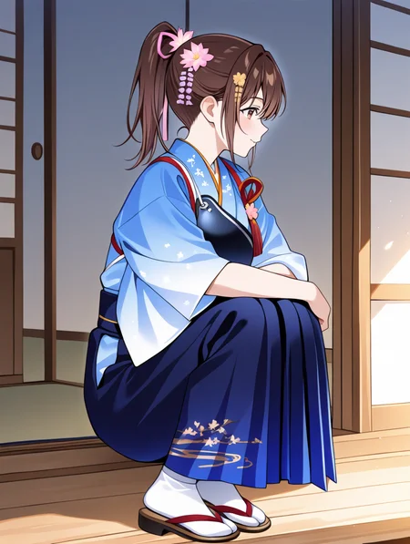perfect quality,best quality,absolutely eye-catching,ambient occlusion,raytracing BREAK
1girl,<lora:houkyuu IL v1.1:0.8>,houkyuu,brown hair,ponytail,hair ornament,blue japanese clothes,blue print hakama,wide sleeves,muneate,flower,wide sleeves,solo,zouri,tabi,from behind,hugging_own_legs,