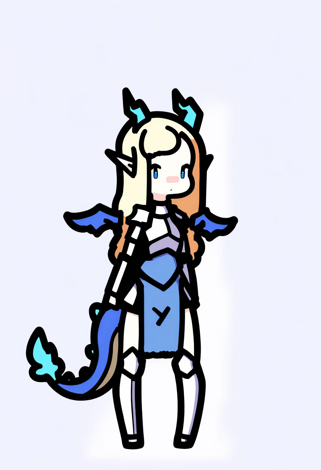 best quality, amazing quality, very aesthetic, absurdres,
1girl, chibi,
long hair, blonde hair, blue eyes,
pointy ears, horns, dragon girl, small wings, tail,
paladin, holy light, armor, breastplate, pelvic curtain, greaves,
standing, full body, solo, looking at viewer, simple background, white background, <lora:RabbitAndSteelIllustriousLocon_byKonan:1>