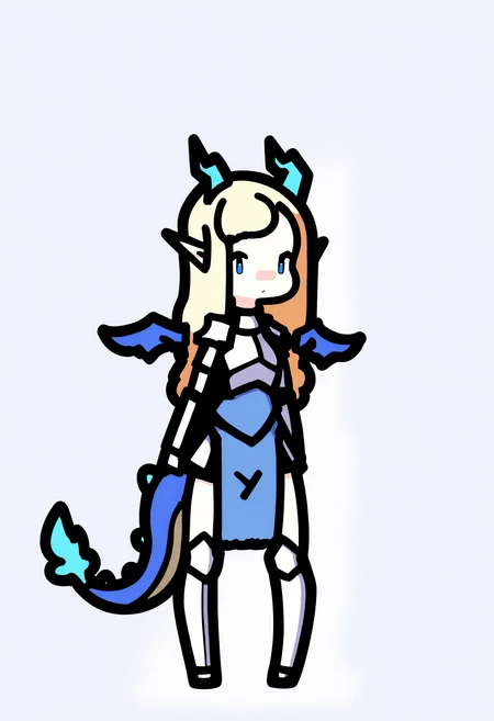 best quality, amazing quality, very aesthetic, absurdres,
1girl, chibi,
long hair, blonde hair, blue eyes,
pointy ears, horns, dragon girl, small wings, tail,
paladin, holy light, armor, breastplate, pelvic curtain, greaves,
standing, full body, solo, looking at viewer, simple background, white background, <lora:RabbitAndSteelIllustriousLocon_byKonan:1>