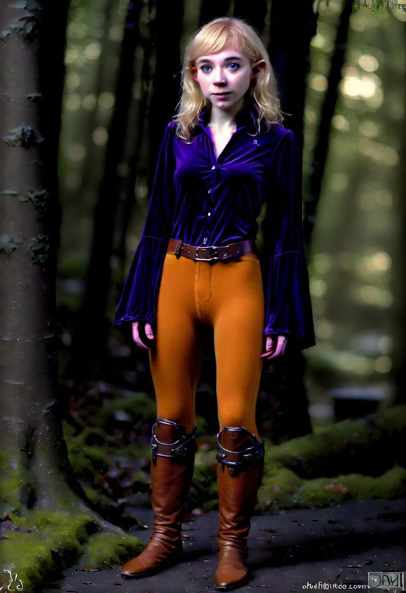 photo of pale (Age 19) female (halfling:1.75), flat chested, tiny nipples, rectangle body shape, shaggy blonde, middle part, blue eyes, (Dark purple)/(Dark Orange) masculine shirt/pants, homely, tiny, petite, thin, toned, lithe, full body, (asian forest), D&D character, druid, HDR