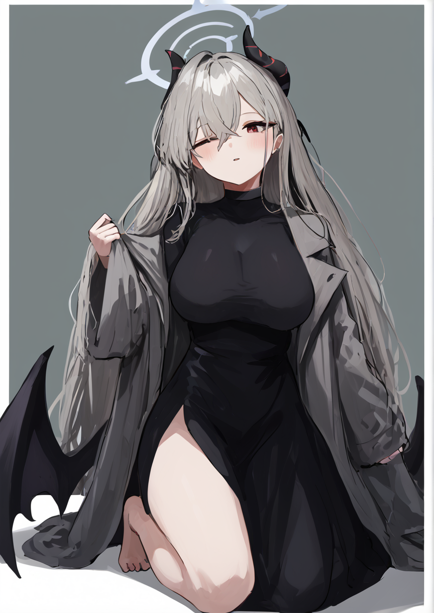 1girl, kayoko (blue archive), kayoko (dress) (blue archive), huge breast, barefoot, black choker, black dress, black hair, black horns, black wings, blush, breasts, choker, demon horns, demon wings, dress, grey hair, grey halo, grey jacket, hair between eyes, halo, horns, jacket, long hair, long sleeves, multicolored hair, official alternate costume, one eye closed, open clothes, open jacket, parted lips, pixiv id, qr code, red eyes, single wing, solo, toes, wings,  zPDXL3,  handfixer <lora:HandFixer_pdxl_Incrs_v1:1> <lora:pikuson:0.8>