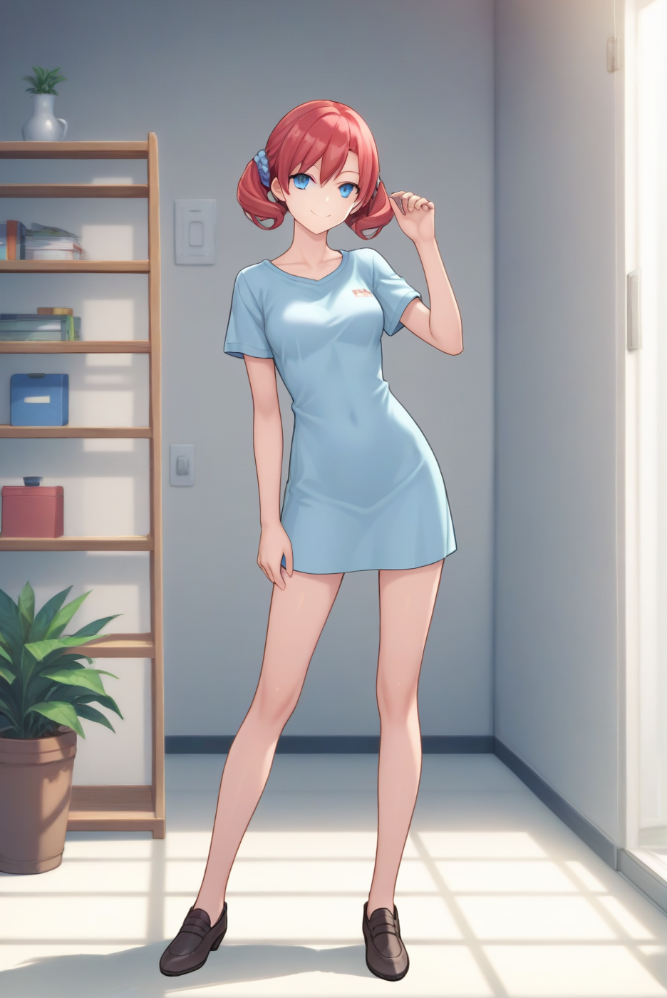 , dsc-nokia, red hair, medium breasts, 1girl, solo, skinny, masterpiece, high quality, (full body), indoors, light smile, score_9, score_8_up, score_7_up, source_anime, anime, anime style <lora:dsc-nokia-pony-V05:0.50>
