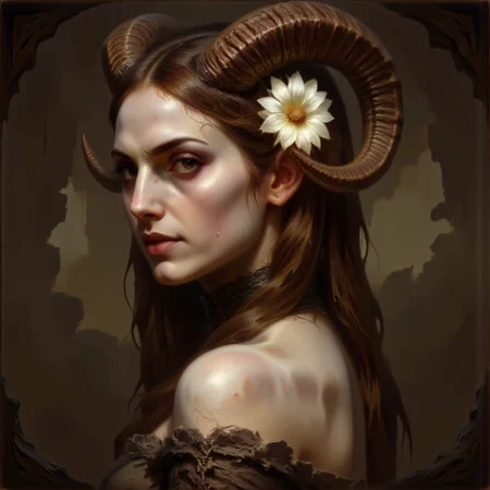 DFOP-V3.0 style oil painting that features fair-skinned woman with long straight brown hair adorned with a white flower and ram's horns. She has large expressive brown eyes a small nose and full lips. She wears a brown off-shoulder dress with lace trim and lace choker. upper body from the side