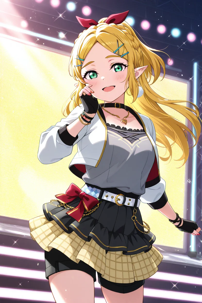 masterpiece, best quality, 1girl, solo, eyelashes, (beautiful eyes), princess zelda, green eyes, long hair, crown braid, hairclip, pointy ears, BREAK, closed mouth, alternate costume, smile, looking at viewer, blush, zzLoveLive, 1girl, belt buckle, black bow, black choker, black gloves, black shorts, black skirt, bow, buckle, choker, cropped jacket, fingerless gloves, fishnet top, fishnets, gloves, grey tank top, hair bow, hair ornament, hairclip, heart, heart necklace, jewelry, layered skirt, long sleeves, love live! nijigasaki idol club, miniskirt, nail polish, necklace, open mouth, plaid, plaid belt, plaid bow, pleated skirt, red bow, shorts, sidelocks, skirt, solo, stage, striped, tank top, wristband, x hair ornament, yellow skirt, performance stage ,<lora:LoveLiveSchoolIdolFestivalAllStarsIXL:1.0>,