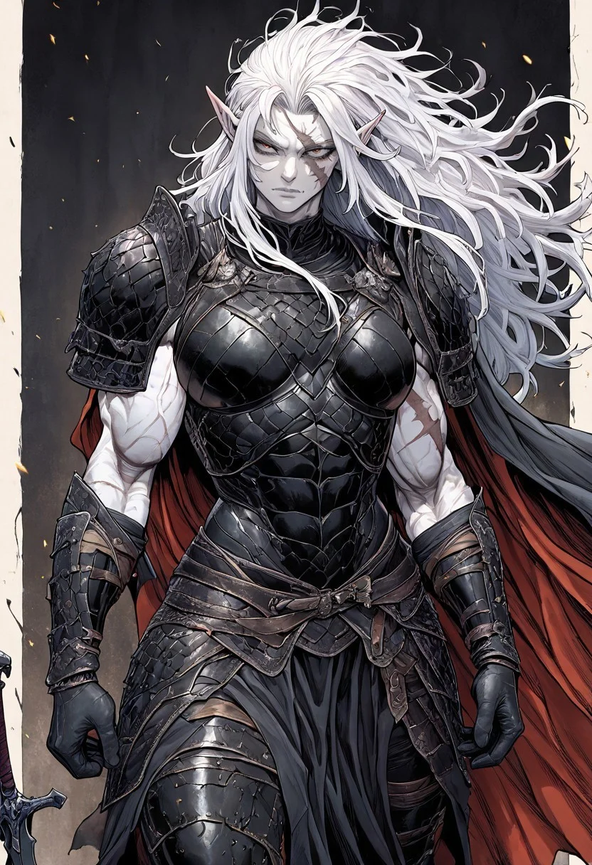 masterpiece, best quality, newest, absurdres, highres, INCV1.0
1girl, pale, white skin, colored skin, pale skin, elf, pointy ears, muscular woman, armor, cape, leather armor, scar, scars on face, white hair, long hair, messy hair, black armor, black leather,