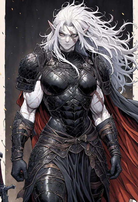 masterpiece, best quality, newest, absurdres, highres, INCV1.0

1girl, pale, white skin, colored skin, pale skin, elf, pointy ears, muscular woman, armor, cape, leather armor, scar, scars on face, white hair, long hair, messy hair, black armor, black leather,