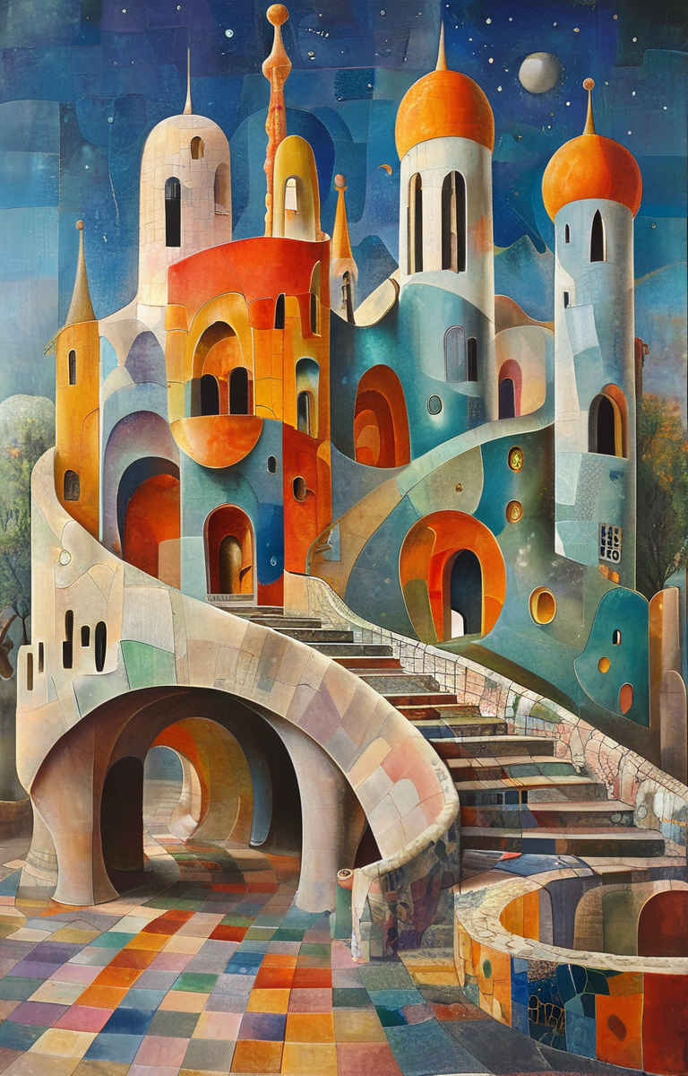 masterpiece,best quality,<lora:tbh305-sdxl:0.9>,illustration,designed by Antoni Gaudi Postmodern corporate headquarters with playful, colorful elements reminiscent of Michael Graves