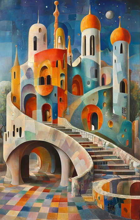 masterpiece,best quality,<lora:tbh305-sdxl:0.9>,illustration,designed by Antoni Gaudi Postmodern corporate headquarters with playful, colorful elements reminiscent of Michael Graves