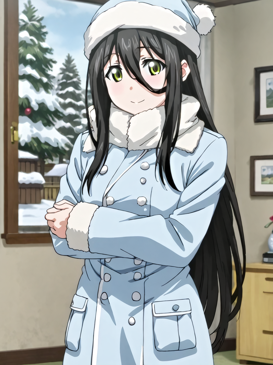 detailed background, shiny skin, posing, rating safe, 
<lora:toshiden.pony:0.9>,
toshiden, hasshaku, 
clothed girl, 
coat, winter,