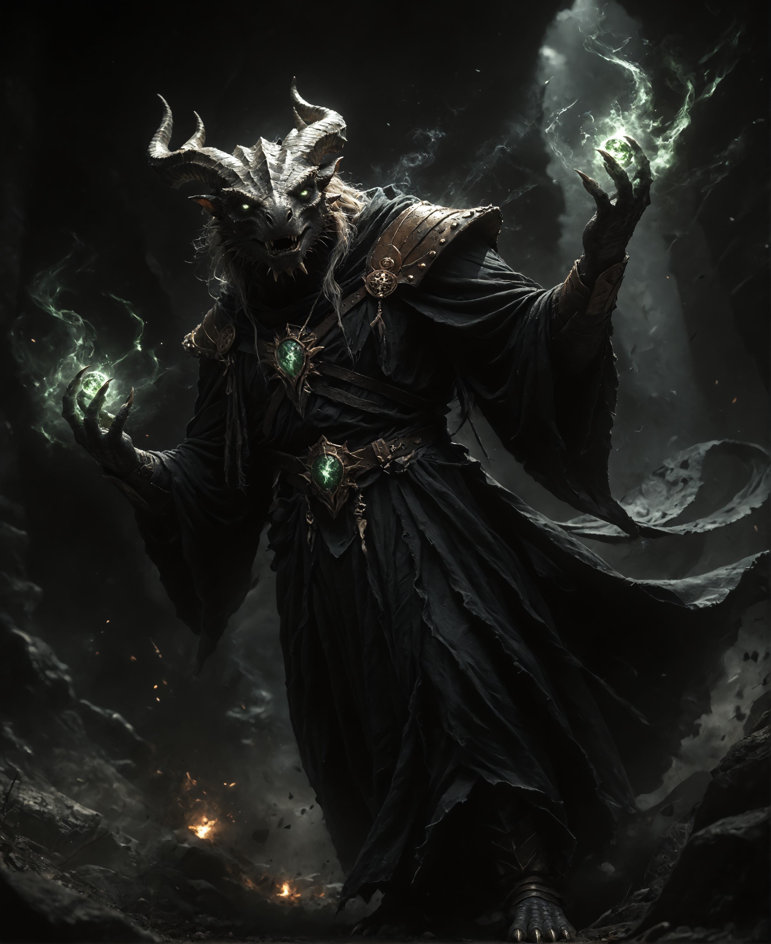 perfect_aesthetic, score_9, score_8_up, score_7_up, score_6_up, full body portrait of (male, evil magican dragonborn dragon warlock dark priest at the battlefield, time keeper), dark priest, necromancer, surrounded by dark necrotic energy, sinister look, surrounded by dark misty aura, dark fog, darkness manipulation, (green magic, green energy:1.35), (Cursed Mark, scar on eye, warlock robe), (black body, black scales), silver scales, blackened silver scales, gradient scales, scaled hands, 4 fingers, claws, silver eyes, demonic eyes,  muscular, extreme perspective shot, sorcery, amulet with green gem, ball marking, silver markings, big scaled chest, multiple horns, horn jewelry , shoulder armor, pauldrons, chestplate, (Old wounds, sandclock, scars, mutilated body)

(three-quarter view, perspective, dutch angle, photorealism:1.2), (Dust and ash in the air), dark magic, (dark underworld background, fantasy, detailed, high quality, best quality), (Concept Art Twilight:1.2) vivid colors, shallow depth of field, vignette, highly detailed, epic, gorgeous, film grain,