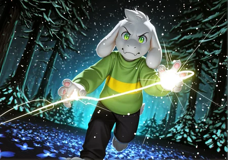 (impressionist painting:1.3), 1boy, <lora:AsrielIllustriousNAI-000020:0.8> Asriel Dreemurr, undertale, caprine, cub, young, pants, torn clothes, nipple
snowing, inside a dark blue cave, surrounded by pine trees, indigo glowing flowers in floor, dark background BREAK
full portrait, running towards viewer, motion lines, fisheye lens, action pose, angry, dutch angle, glowing green eyes, slit pupils, (glowing outline), linear light, magic particles in hand, (chromatic aberration:1.2), CGI, 3D, HDR, IMAX, particles, cinematic shadows, cinematic light, (ambient occlusion, raytracing, film-style contrast, chromatic aberration, depth of field), detailed background, <lora:spo_sdxl_10ep_4k-data_lora_webui:1> perfect quality, best quality, detailed environment, clear composition, absurdres, very aesthetic, high resolution, newest (masterwork, masterpiece, hyper-detailed, 8k uhd), BREAK
(SuperQuality:1.0) ~ (SuperQuality:1.2)âââ