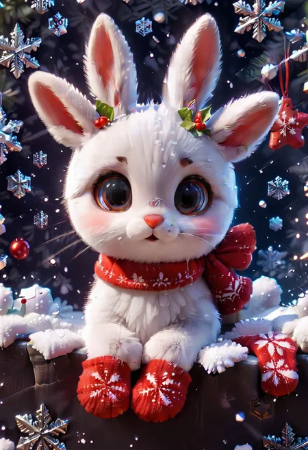 Festive, snowflake, little rabbit, long ears, red nose, close-up, snowflakes floating, Christmas stockings, solo, cute and cuddly