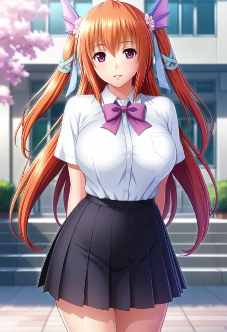 masterpiece, best quality, amazing quality,rosalyn, purple eyes, orange hair, twintail, long hair, head fins,hair ribbon, mature female,1girl, solo, breasts,large breasts,school uniform,pleated skirt,white shirt, black skirt, purple bow,short sleeves, parted lips, light smile, standing,arms behind back, looking at viewer, cowboy shot, blurry background, outdoors, school, cherry blossom <lora:rosalynV1:0.9>