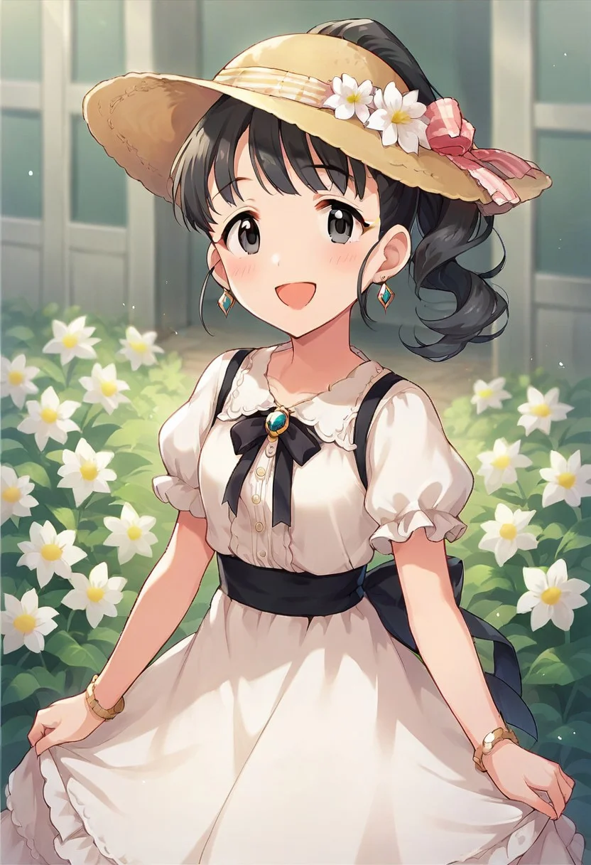 score_9, score_8_up, score_7_up, source_anime,fukuyama mai, black hair, black eyes, ponytail, 1girl, solo, dress, hat, smile, earrings, flower, jewelry, ribbon, blush, open mouth