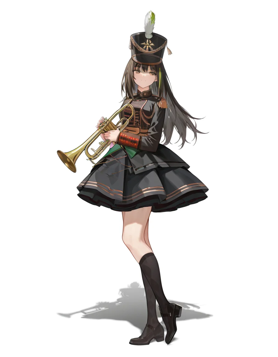 Volumetric Lighting, (masterpiece), (best quality), (ultra-detailed), masterpiece, source_anime, score_9, score_8_up, score_7_up BREAK, illustration, disheveled hair, detailed eyes, perfect composition, moist skin, intricate details BREAK, M4A1, long hair, black hair, streaked hair, green hair, golden eyes BREAK, M4orchest, ocs_shako_cap, ocs_kneehighs, ocs_shoes, ocs_epaulettes, ocs_band_uniform, ocs_skirt, ocs_hat_feather BREAK, ((white background)), smile,full body, shadow, standing, thighs, looking at viewer,instrument, holding instrument, trumpet