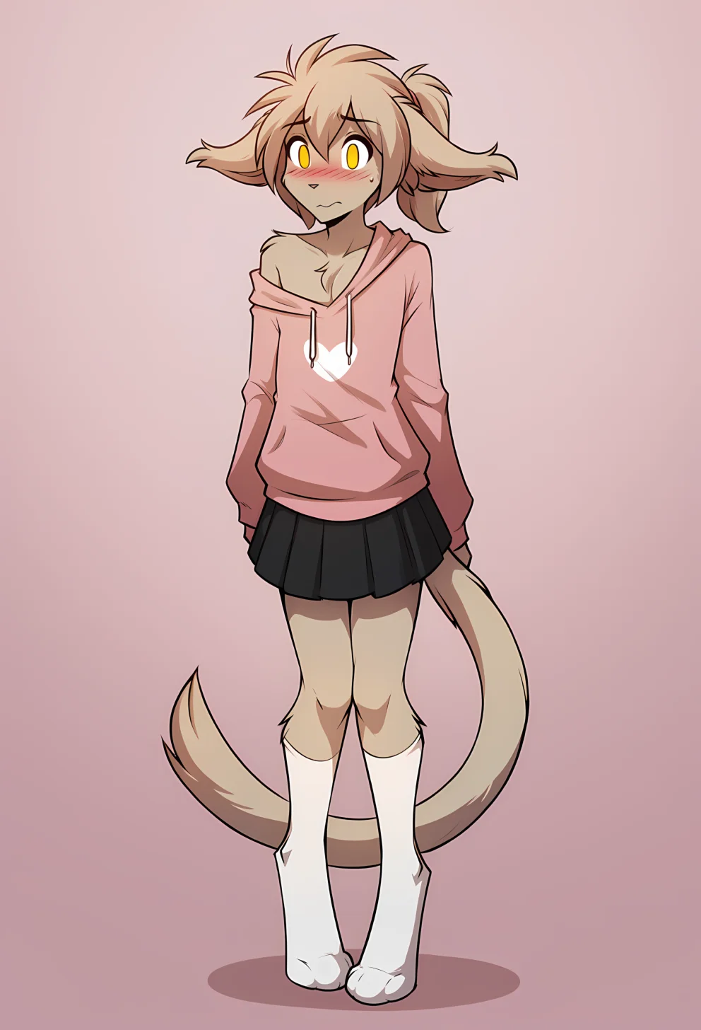 score_9, score_8_up, score_7_up,score_6_up,score_5_up, source_furry,
BREAK
solo, furry male anthro, flat chest, feminine male, twink, athletic, ponytail hair, simple background, oversized hoodie, (oversized clothing:0.4), off shoulder, pink hoodie, black skirt, white thigh high socks,pleated skirt, (blushing, embarrassed), (digitigrade:1.3), sneakers, digitigrade footwear, big sneakers, kneehighs, knees together feet apart, standing
BREAK
<lora:Keith-Twokinds-SDXL-AnonTK-V1:0.8> , keith-twokinds, basitin, mammal, feline tail, yellow eyes, no pupils