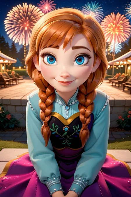 score_9, score_8_up, score_7_up,
<lora:DisneyAnna:0.8>
DisneyAnna, 1girl, orange hair, blue eyes, twin braids, looking at viewer, sitting, at night, fireworks, park, looking up, smile