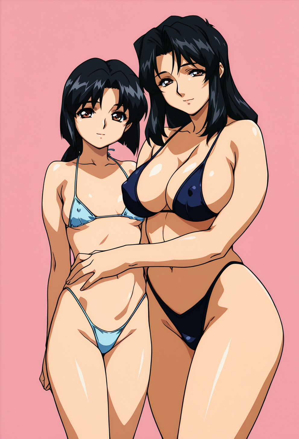 masterpiece, best quality,
2girls, age difference, 
standing, 
looking at viewer, light smile, 
black hair, long hair, small breasts, 
black hair, short hair, mature female, large breasts, 
tiny bikini, covered nipples, 
pink background, simple background,
 <lora:masami_oba:1> M4s4m1 0b4r1, retro artstyle,