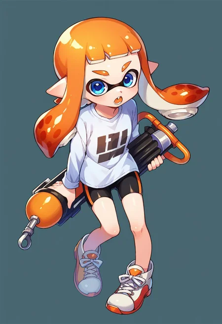 score_9, score_8, score_7, source_anime, inkling girl, full body, open mouth, splat shirt, shoes, suction cups, long sleeves, orange hair, weapon, shorts, blue eyes