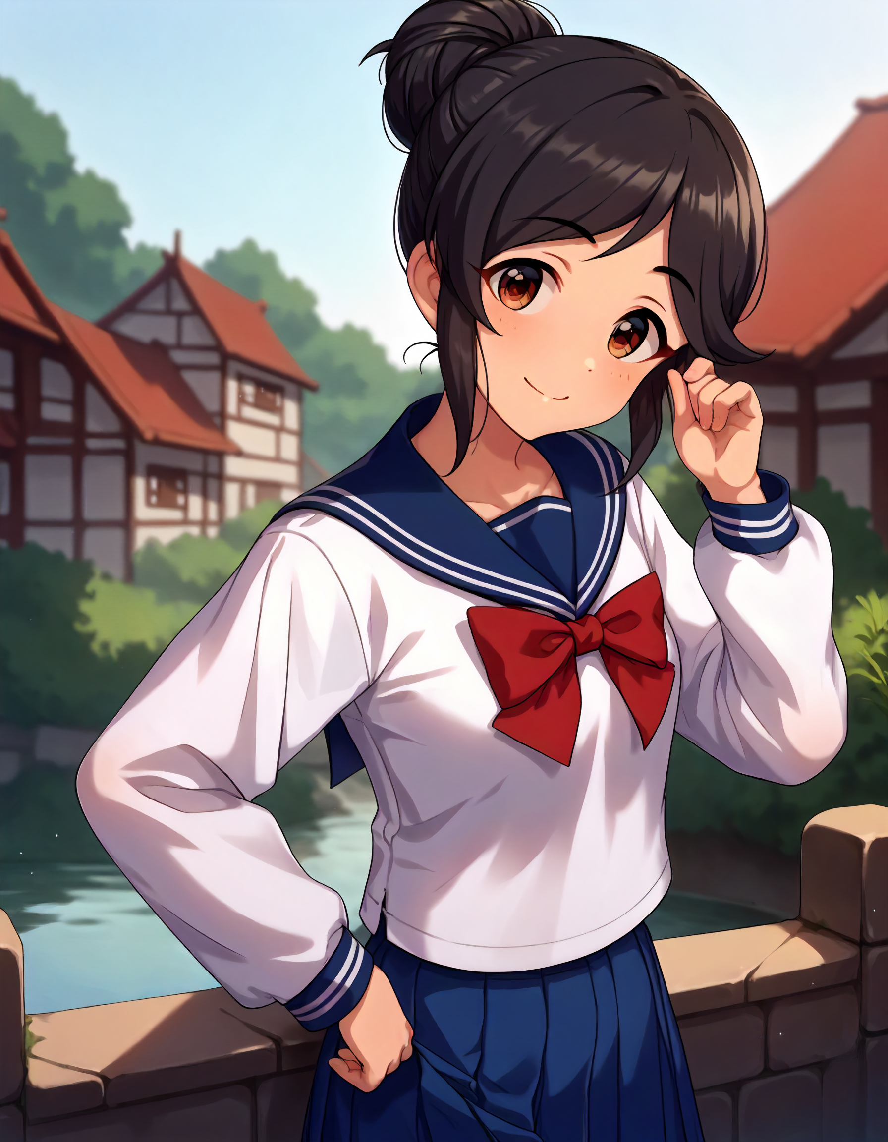 score_9,score_8_up,score_7_up,1girl,solo,cowboy shot,looking at viewer,smile,closed mouth,outdoors,
<lora:momoiazuki_ponyXLV6:0.8>,cgmaz,
black hair,single hair bun,brown eyes,
serafuku,long sleeves,blue sailor collar,red bow,pleated blue skirt