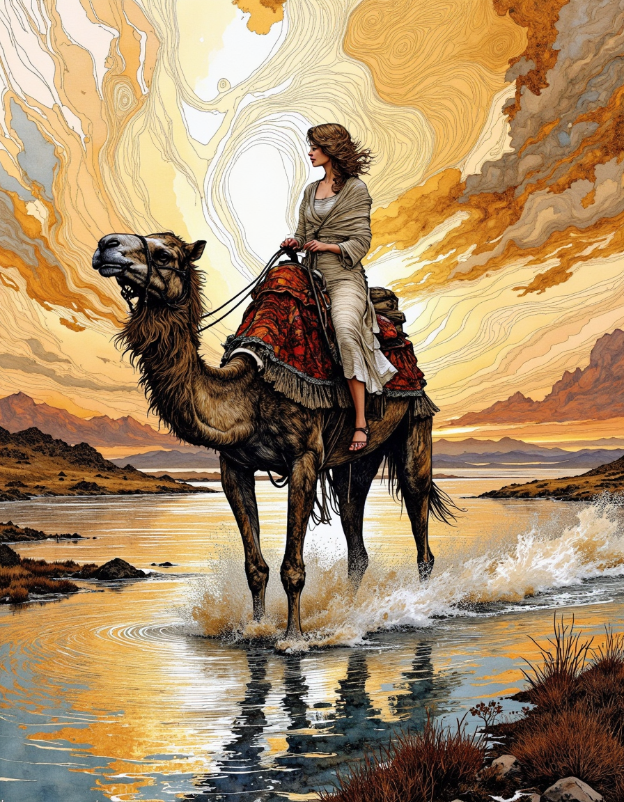 This is a digital artwork created in a mixed media style, blending elements of watercolor and ink.
A woman riding camel, golden hours, light and shadow play, intricate light, beautiful reflection, desert, dune, cloudy sky, god rays, scenery, day, ripples, solo, water, reflective water, wide shotadorned face. <lora:Illustration_Style_IV-3:1>