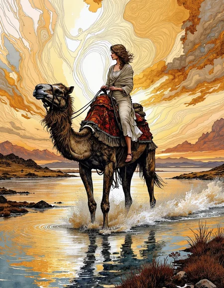 This is a digital artwork created in a mixed media style, blending elements of watercolor and ink.
A woman riding camel, golden hours, light and shadow play, intricate light, beautiful reflection, desert, dune, cloudy sky, god rays, scenery, day, ripples, solo, water, reflective water, wide shotadorned face. <lora:Illustration_Style_IV-3:1>