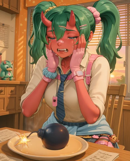 highly detailed, (upper body:1.3),  (detailed background, kitchen, sunset, golden hour, shutters, blinds down, blinds, wooden table, wooden chair, orange interior, indoors:1.2),  (round bomb with a ignited fuse on white plate:1.4), fortnite_nemia, 1girl, solo, green hair, twintails, ponytail, long hair, bangs, hair between eyes, hair over one eye, ears, horns, oni horns, single horn, red skin, pink skin, blue eyes, parted lips, bandaid, bandaid on nose, bandaid on thighs, breasts, shirt, school uniform, necktie, plaid skirt, thighhighs, socks, loose socks, boots, jewelry, earrings, bracelet, charm, belt, gloves, fingerless gloves, knee pads, leg warmers, collarbone, solo, colored skin, hair ornament, hairclip, scrunchie, holster, striped necktie, clothes around waist, oni, plaid, charm (object), blue necktie, sweater around waist, animal print, heart, shoes, star (symbol), thigh holster, fangs, teeth, open mouth, scared, sad, emotional, stressed out, panic, tears overflow, tears, tears flowing down face, <lora:Fortnite_Nemia_Demonically_Cute_Set_ILXL_E29_16_DIM:1>, <lora:delicious_food_surprised_hands_on_own_face:0.9>