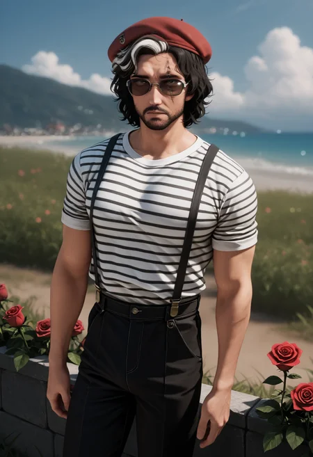 masterpiece, best quality, amazing quality, <lora:verso_illustrious_byJaneB:1> versoe33, multicolored hair, scar across eye,
1boy, striped shirt, shirt, striped, hat,, sunglasses, flower, suspenders, , rose, blurry, red beret, outdoors, black pants
