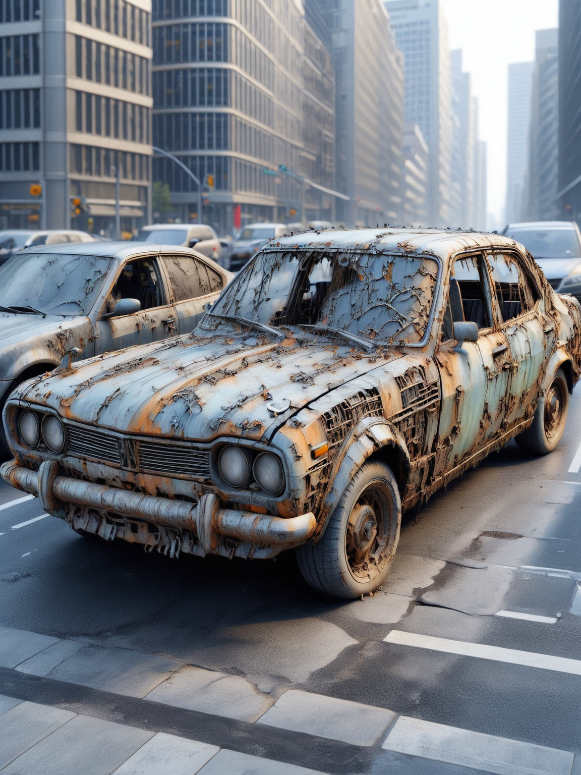 ais-olde car parked on a busy modern city street <lora:Olde_Style_SDXL:1>