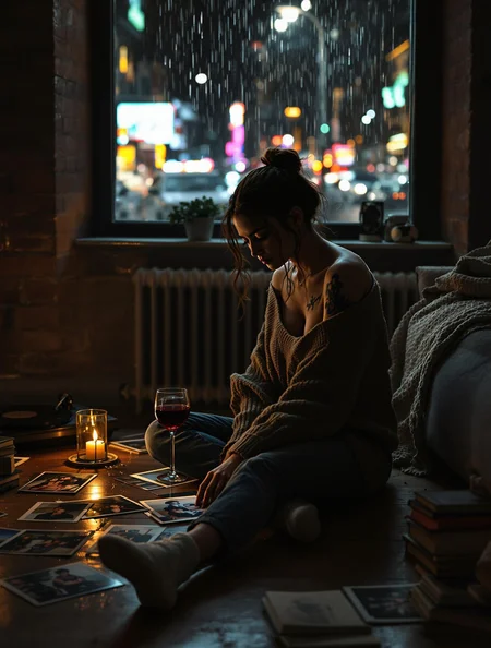 *(Shot in the style of Annie Leibovitz, cinematic lighting, ultra-photorealistic, 8K, Hasselblad medium format, deep shadows, moody tones, dramatic contrasts.)*
A young tattooed woman sits on the wooden floor of her dimly lit New York City apartment, surrounded by scattered photographs of her lost love. She wears an oversized sweater, slipping off one shoulder, revealing her collarbone, and a pair of faded jeans. Her feet in warm socks rest on the cool floor, her posture slightly slumped as she runs her fingers over an old picture. Her deep, sorrowful eyes are fixed on the image, and a single tear glistens as it trails down her cheek.
Beside her, a half-filled glass of red wine reflects the warm glow of a nearby floor lamp, casting long, dramatic shadows against the exposed brick walls. City lights flicker through a rain-streaked window, blurring the neon signs and car headlights outside. A record player sits in the corner, its needle resting in silence, as if even the music has abandoned her. The second floor apartment is stylish yet intimate—worn books stacked on the windowsill, an unmade couch with a soft throw blanket, and a candle burning low, its wax pooling onto the table.
The soft lighting accentuates the sadness in her face, while the photographs scattered around her tell an untold story of love and heartbreak. The atmosphere is heavy with nostalgia, the air thick with longing, as she remains lost in memories, the city moving on without her.