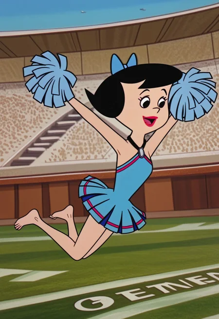 masterpiece, best quality, amazing quality, very aesthetic, Betty Rubble, slim body, slender, fair skin, short hair, black hair in a bob, sky-blue loincloth/halter dress connected to a white stone with black straps that tie around the back of her neck like a necklace, asymmetrical hemline, sky-blue bow in her hair, barefoot, cheerleader, stadium, jumping, midair, legs spread, poms \(cheerleader\),