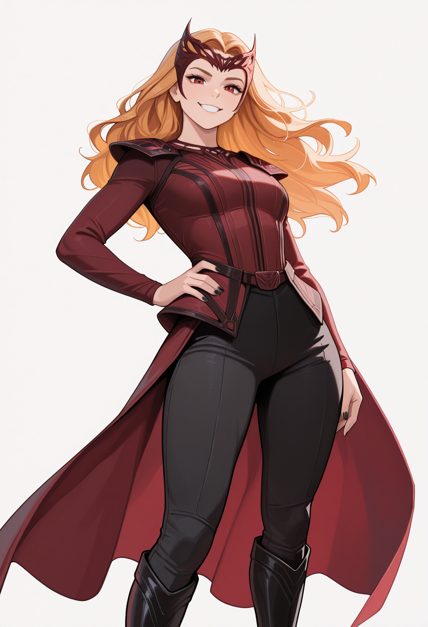 1girl, solo, hand on own hip, grin, looking at viewer, white background, 
blonde hair, long hair, red eyes, tiara, 
red jacket, long sleeves, shoulder armor, tailcoat, belt, black pants, black footwear, knee boots, black nails, 
masterpiece, best quality, <lora:scarlet_witchMR-MOM-guy90-Illust-LoraV1:1>, mhcacs